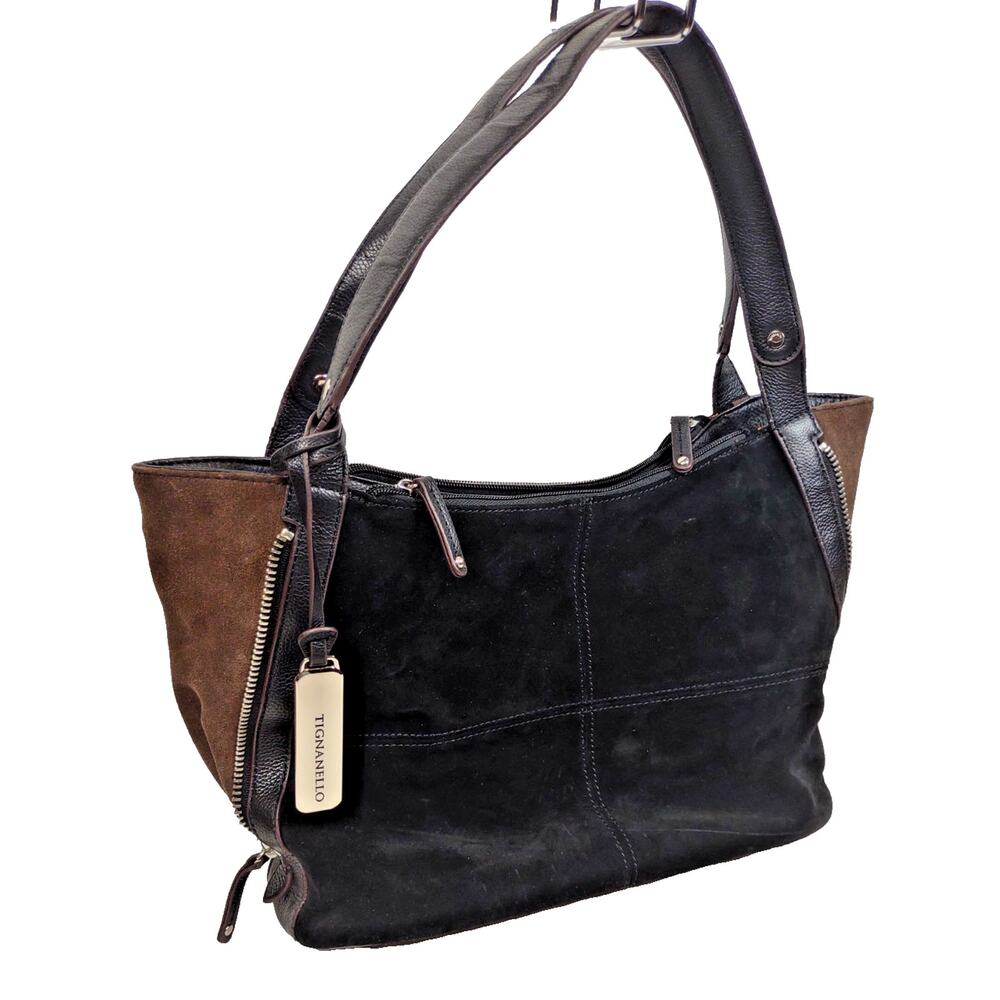 TIGNANELLO Black & Brown Suede/Leather Expandable Hobo Shoulder Bag Handbag